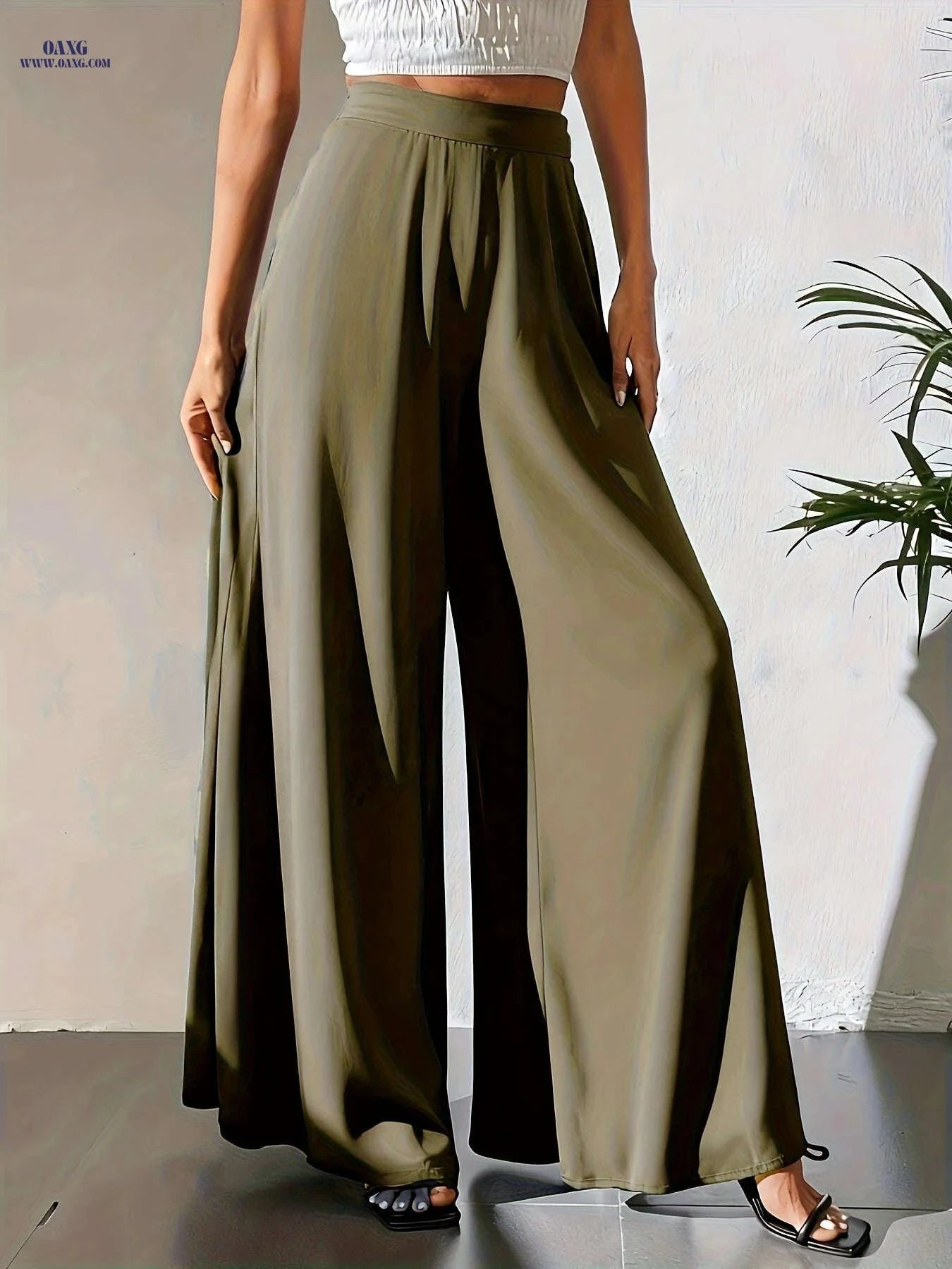 Women's Elegant Wide Leg Pants - Breathable, All Seasons, Elastic Waist   OAXG 