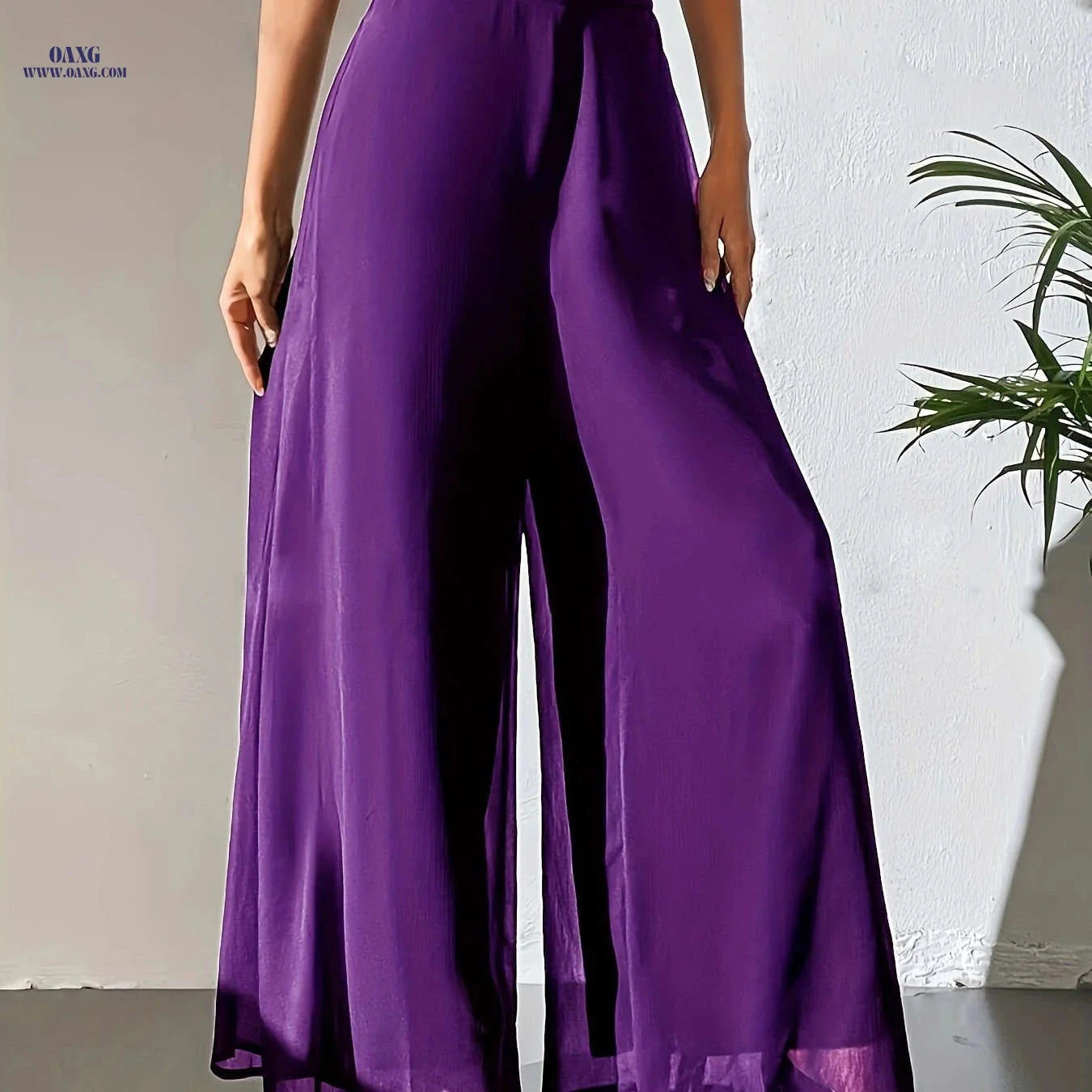 Women's Elegant Wide Leg Pants - Breathable, All Seasons, Elastic Waist   OAXG Dark Brown / S