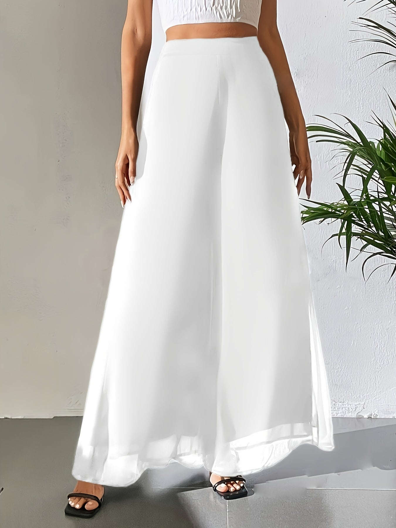 Women's Elegant Wide Leg Pants - Breathable, All Seasons, Elastic Waist   OAXG Dark Brown / S