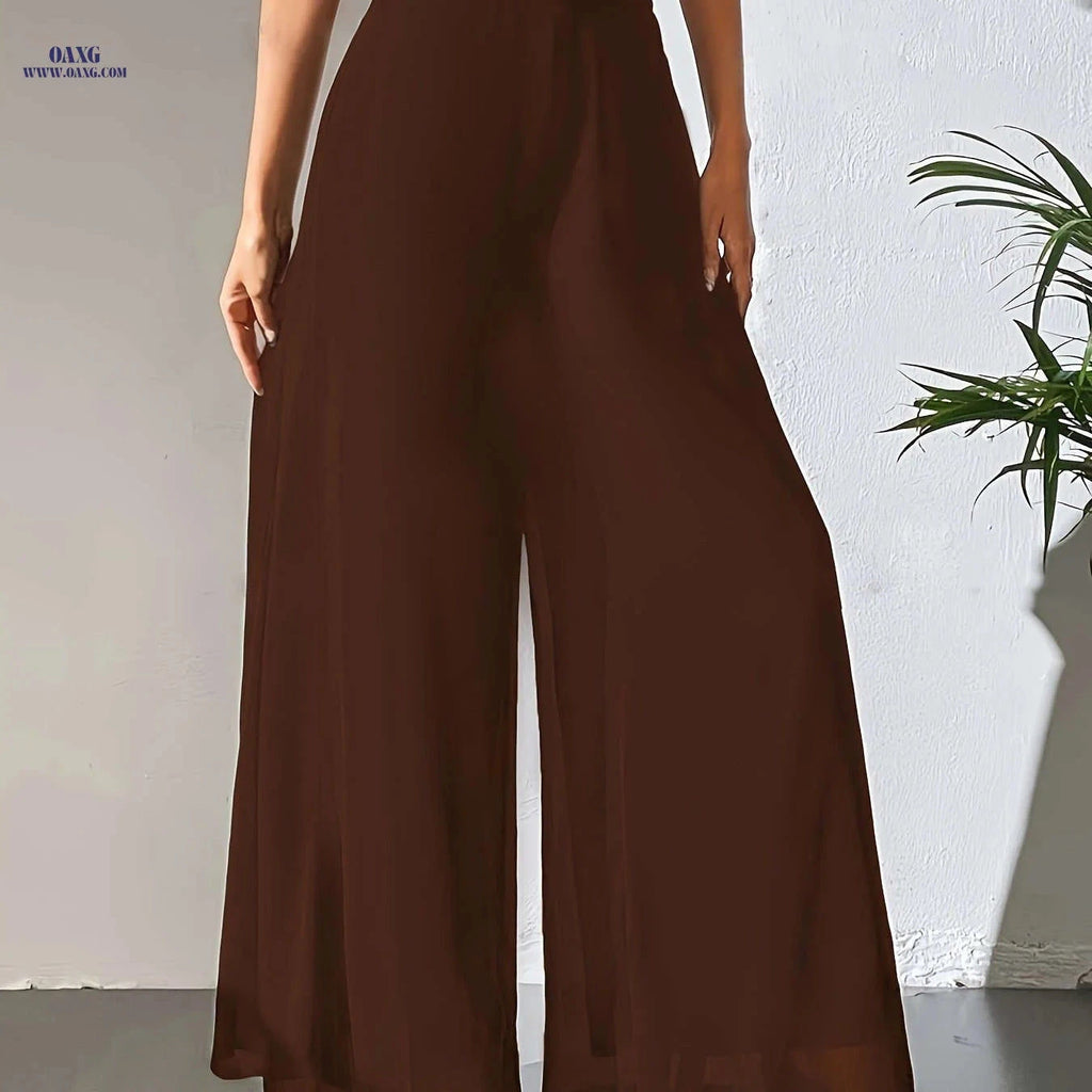 Women's Elegant Wide Leg Pants - Breathable, All Seasons, Elastic Waist   OAXG Dark Brown / S