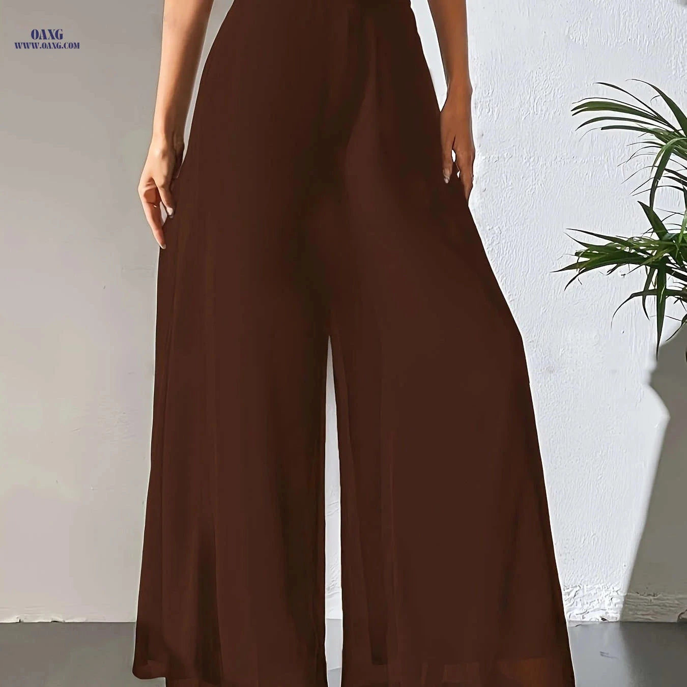Women's Elegant Wide Leg Pants - Breathable, All Seasons, Elastic Waist   OAXG Dark Brown / S