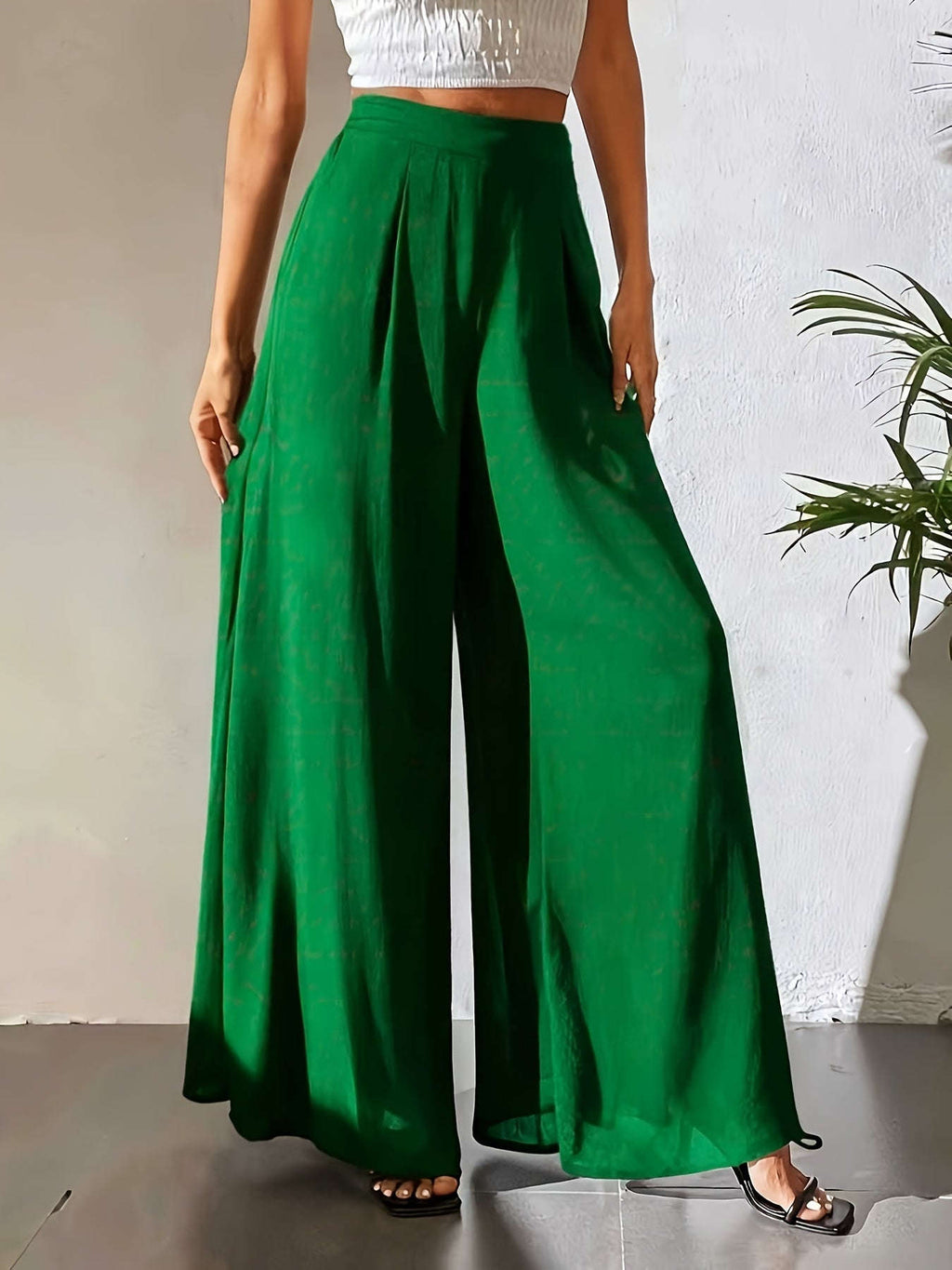 Women's Elegant Wide Leg Pants - Breathable, All Seasons, Elastic Waist   OAXG 