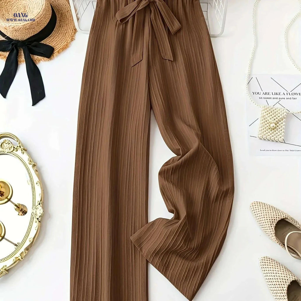 Women's Elegant Wide-Leg Trousers - Non-See-Through & Belted   OAXG 