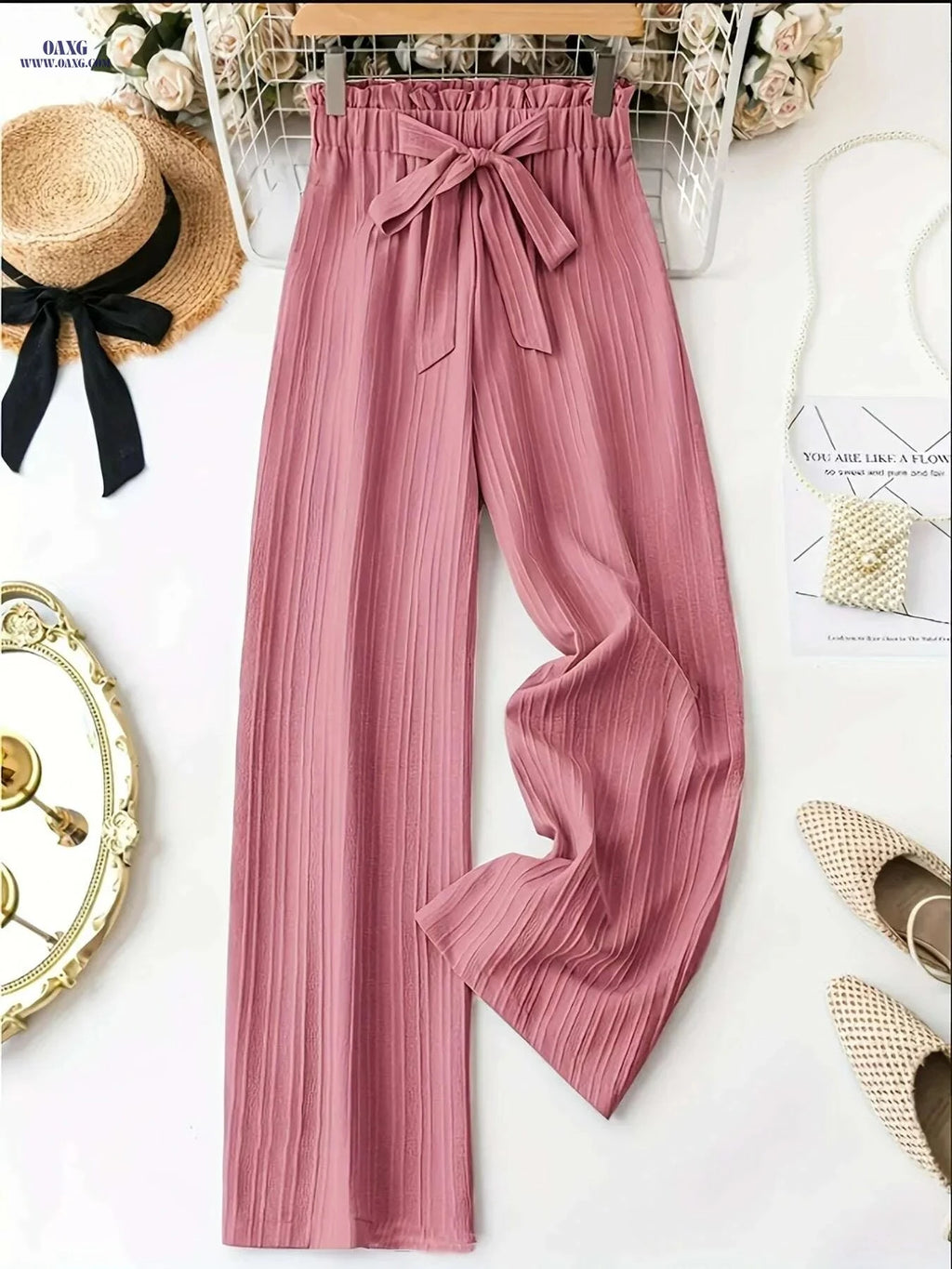 Women's Elegant Wide-Leg Trousers - Soft Pink, All-Season Style   OAXG 