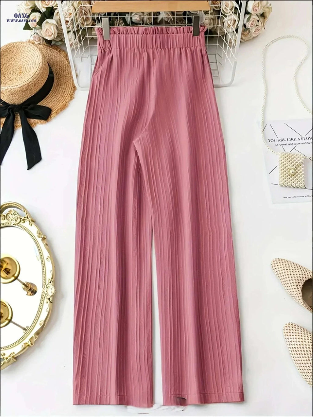 Women's Elegant Wide-Leg Trousers - Soft Pink, All-Season Style   OAXG 