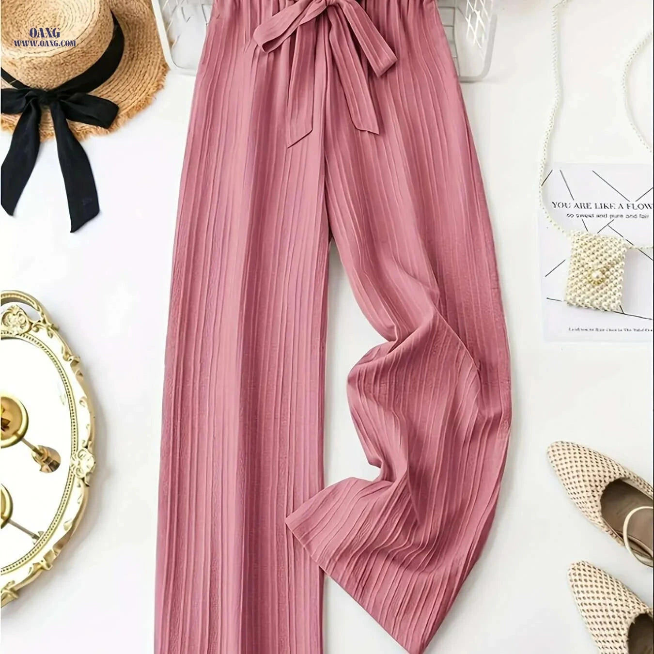 Women's Elegant Wide-Leg Trousers - Soft Pink, All-Season Style   OAXG 