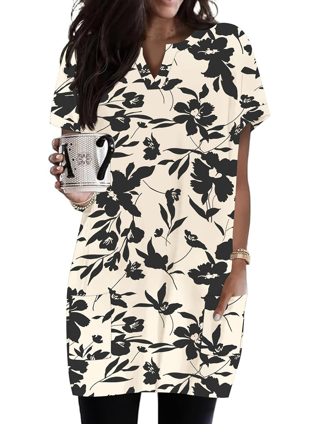 Women's Fashion Casual Loose-Fit Pocket Shirt Comfortable Short-Sleeve V-Neck Long T-Shirt   OAXG Multicolor 2 / S