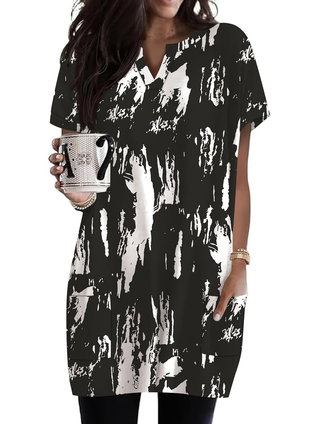 Women's Fashion Casual Loose-Fit Pocket Shirt Comfortable Short-Sleeve V-Neck Long T-Shirt   OAXG Multicolor 2 / S