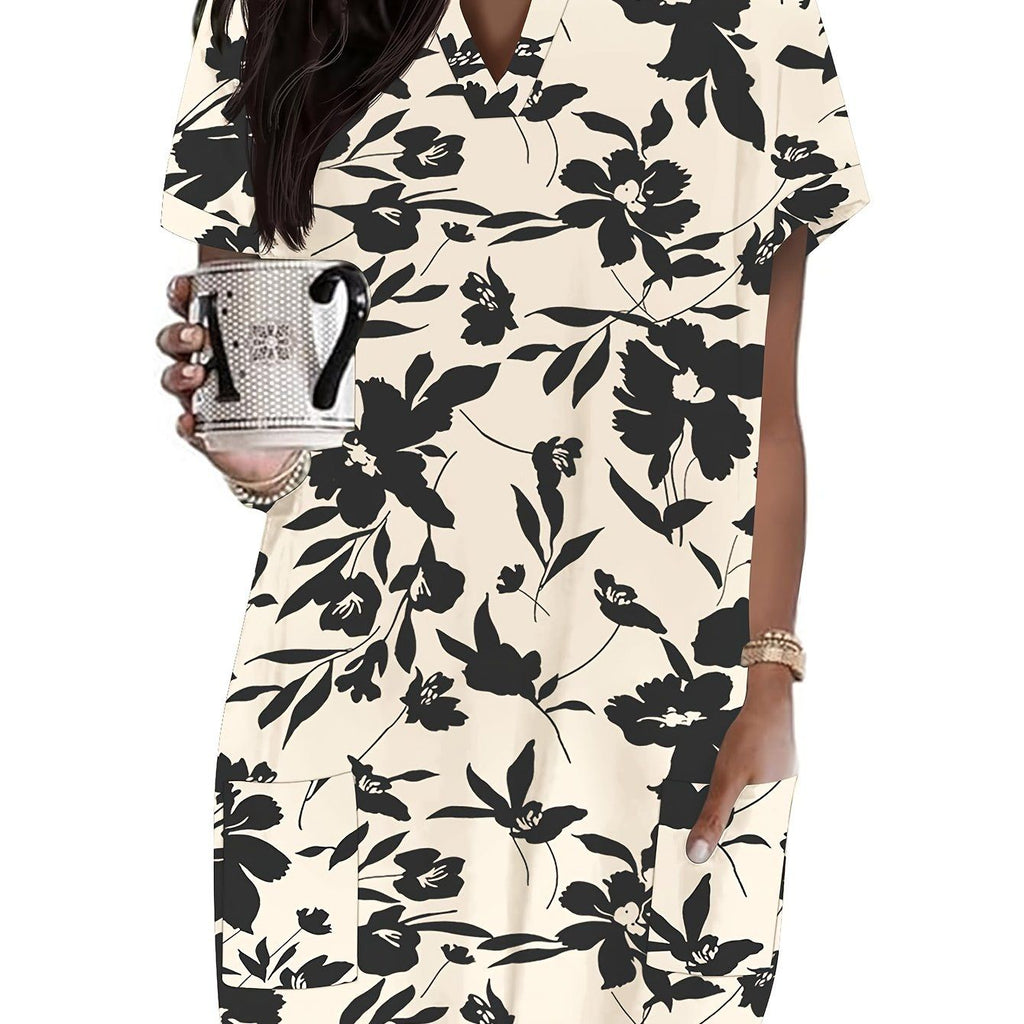 Women's Fashion Casual Loose-Fit Pocket Shirt Comfortable Short-Sleeve V-Neck Long T-Shirt   OAXG Multicolor 2 / S