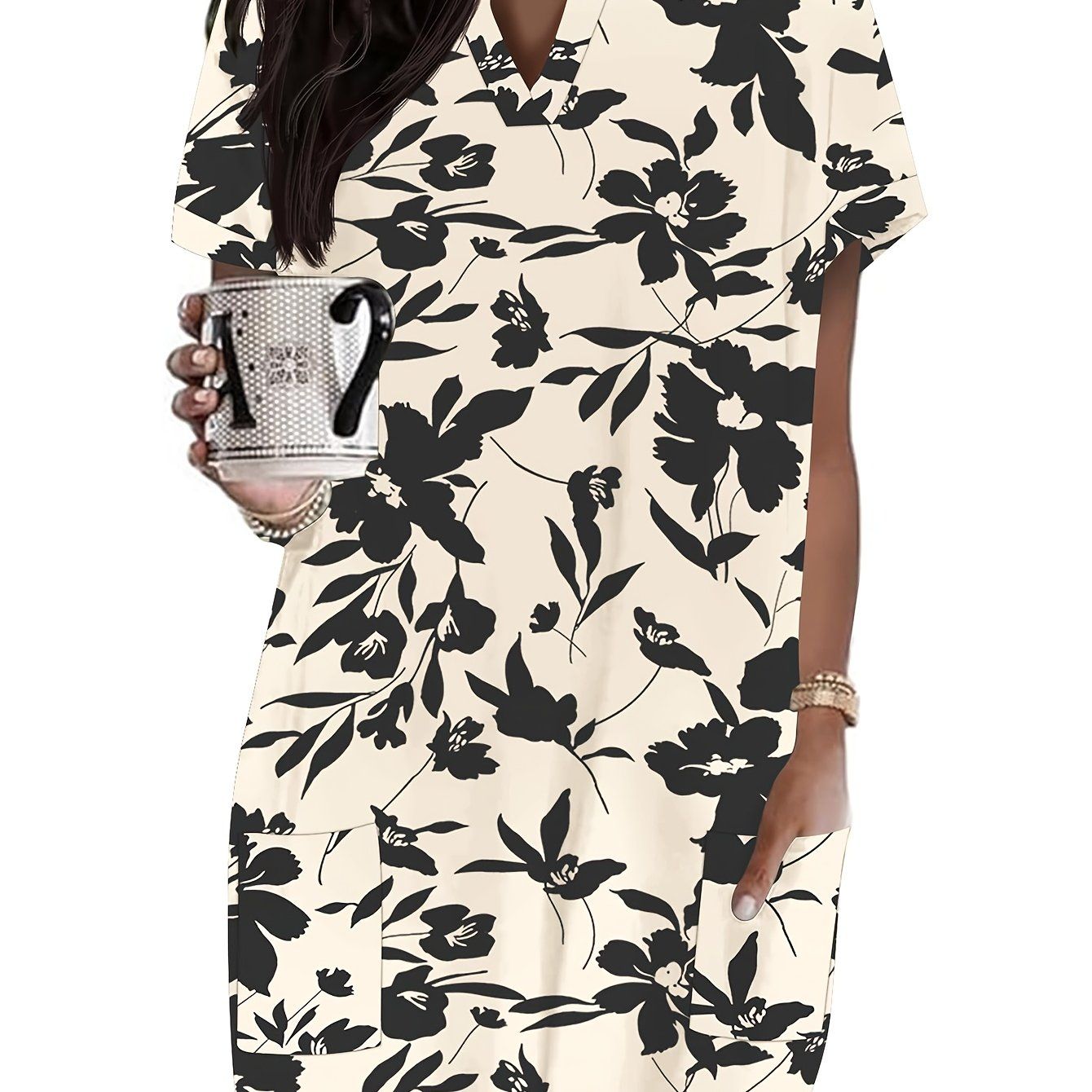 Women's Fashion Casual Loose-Fit Pocket Shirt Comfortable Short-Sleeve V-Neck Long T-Shirt   OAXG Multicolor 2 / S
