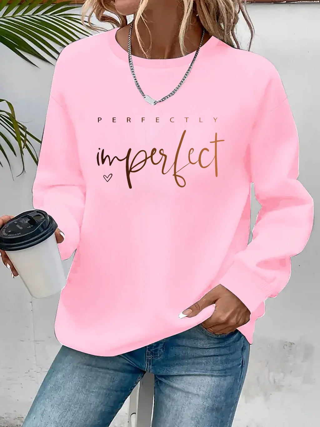 Women's Fashion Casual "Perfect" Gradient Letter Print Crewneck Sweatshirt   OAXG Pink / S