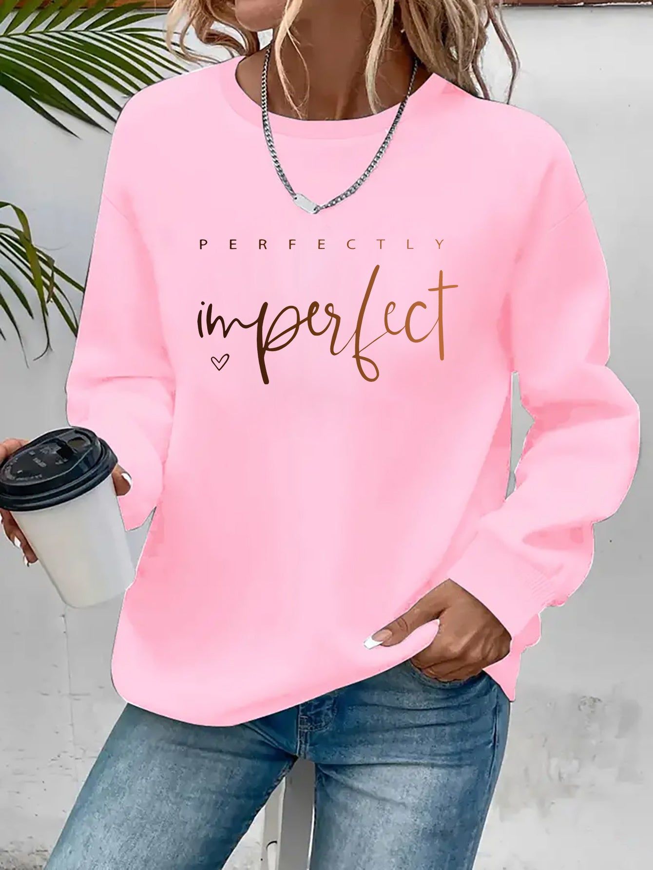 Women's Fashion Casual "Perfect" Gradient Letter Print Crewneck Sweatshirt   OAXG Pink / S
