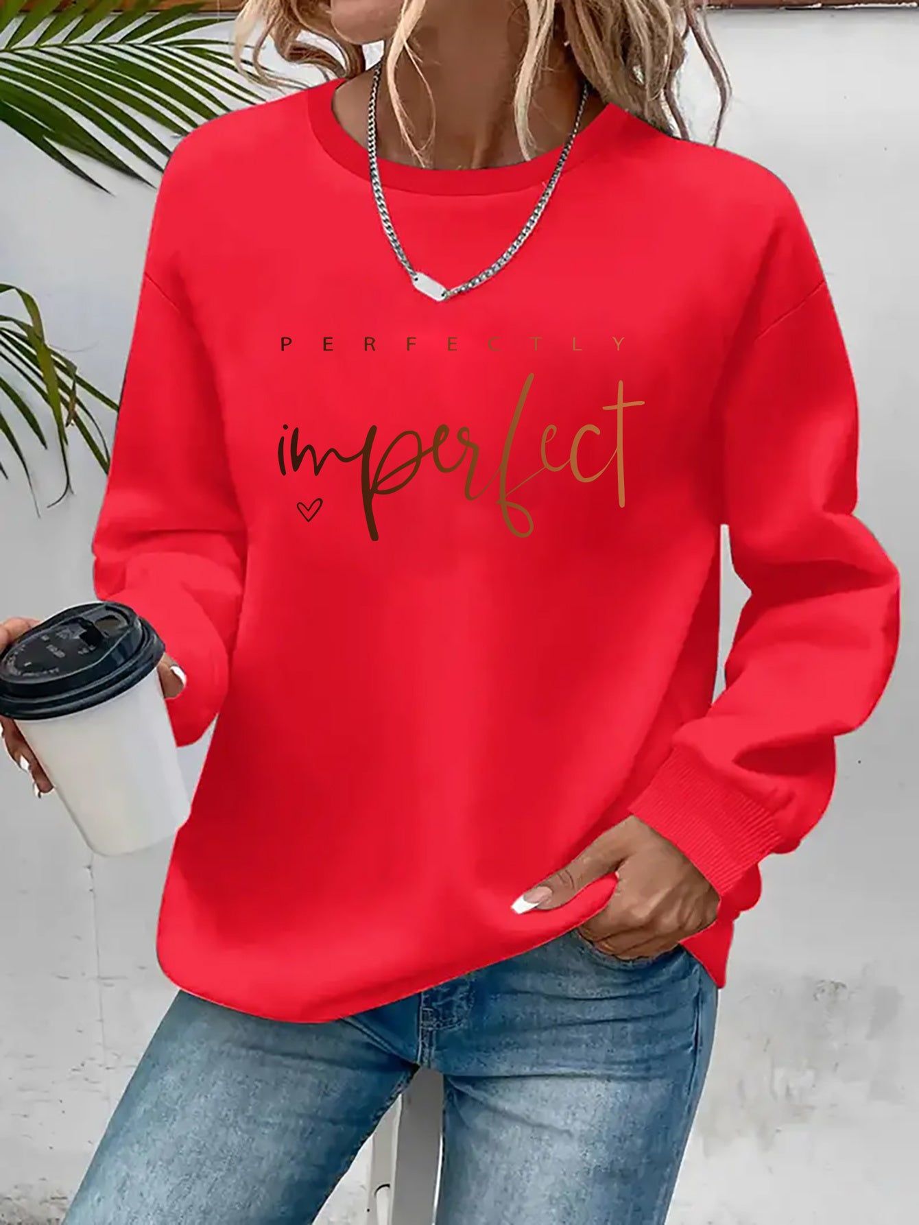 Women's Fashion Casual "Perfect" Gradient Letter Print Crewneck Sweatshirt   OAXG Pink / S