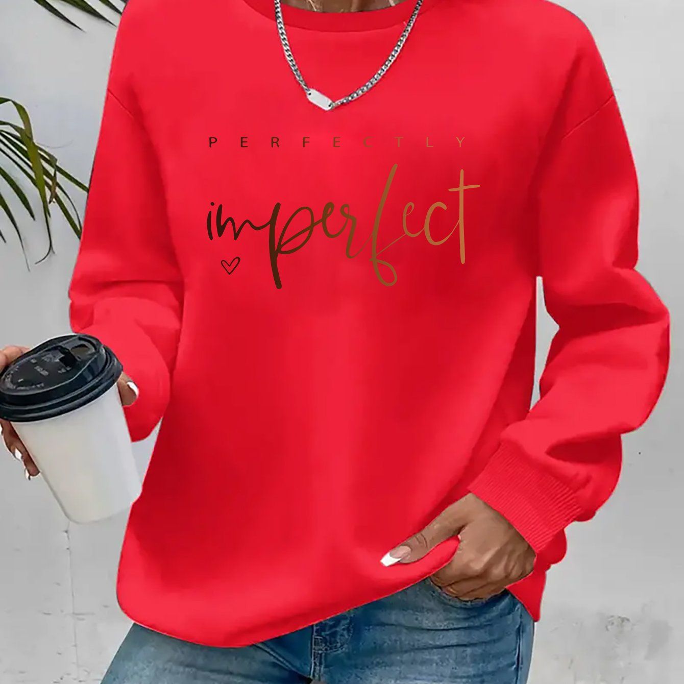 Women's Fashion Casual "Perfect" Gradient Letter Print Crewneck Sweatshirt   OAXG Pink / S