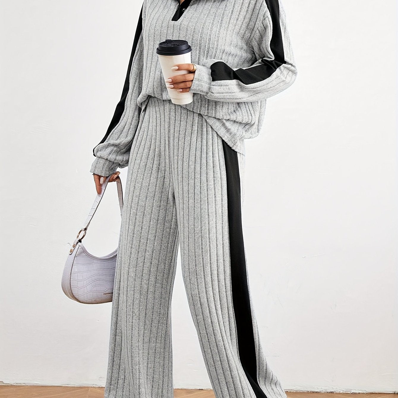 Women's Fashion Casual Sweater Set - Elegant Striped Design for Spring   OAXG Black / S
