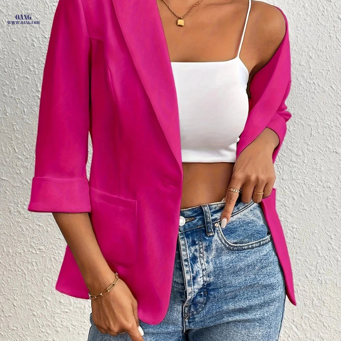 Women's Fashion Commuter Blazer - Stylish Three-Quarter Sleeve Jacket   OAXG Rose Red / XS