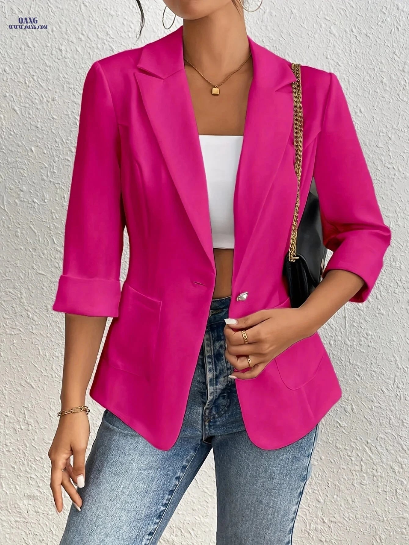 Women's Fashion Commuter Blazer - Stylish Three-Quarter Sleeve Jacket   OAXG Rose Red / XS