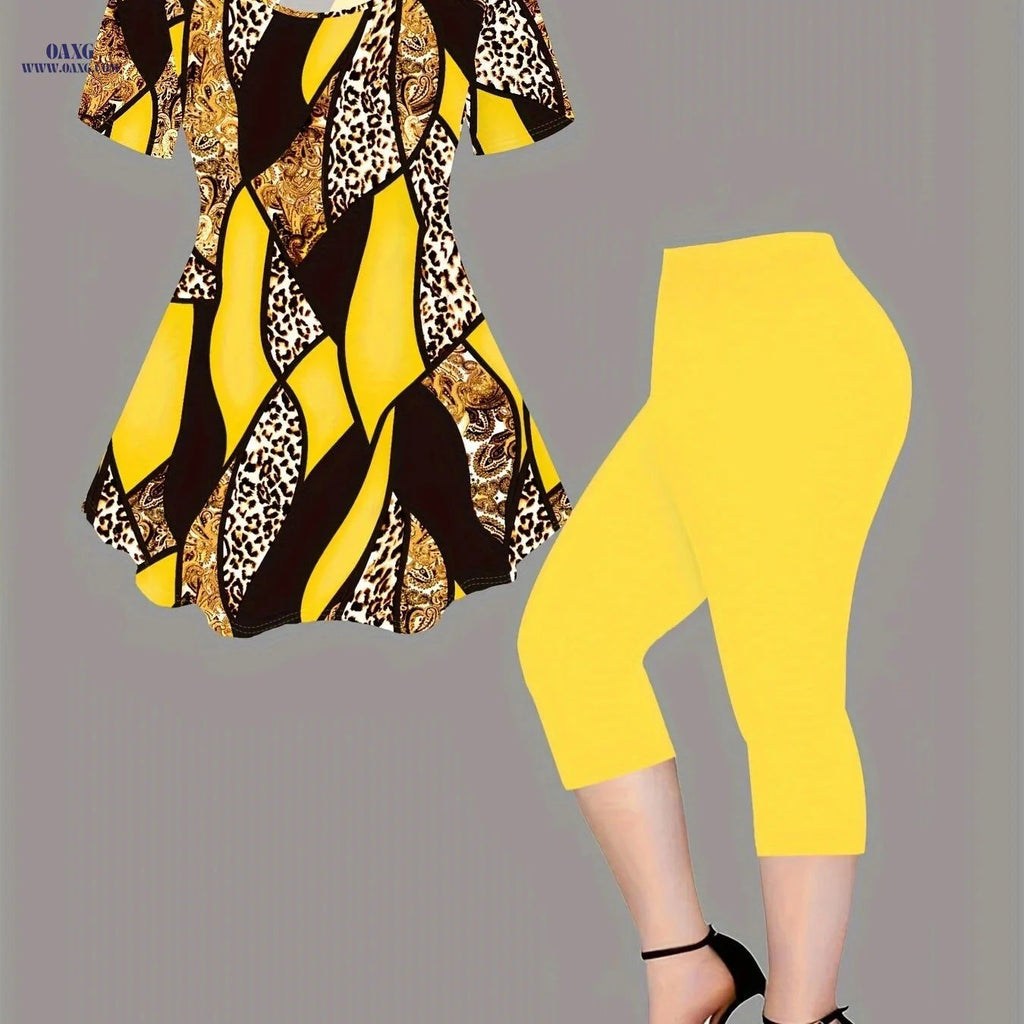 Women's Fashion Digital Print Two-Piece Set - Short Sleeve Leggings   OAXG Mixed colors / S