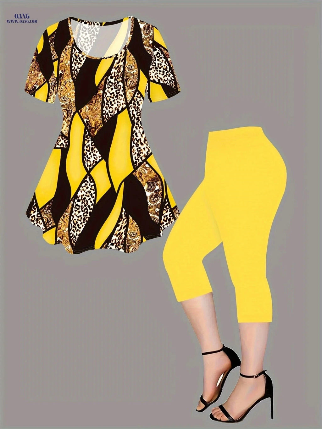 Women's Fashion Digital Print Two-Piece Set - Short Sleeve Leggings   OAXG Mixed colors / S