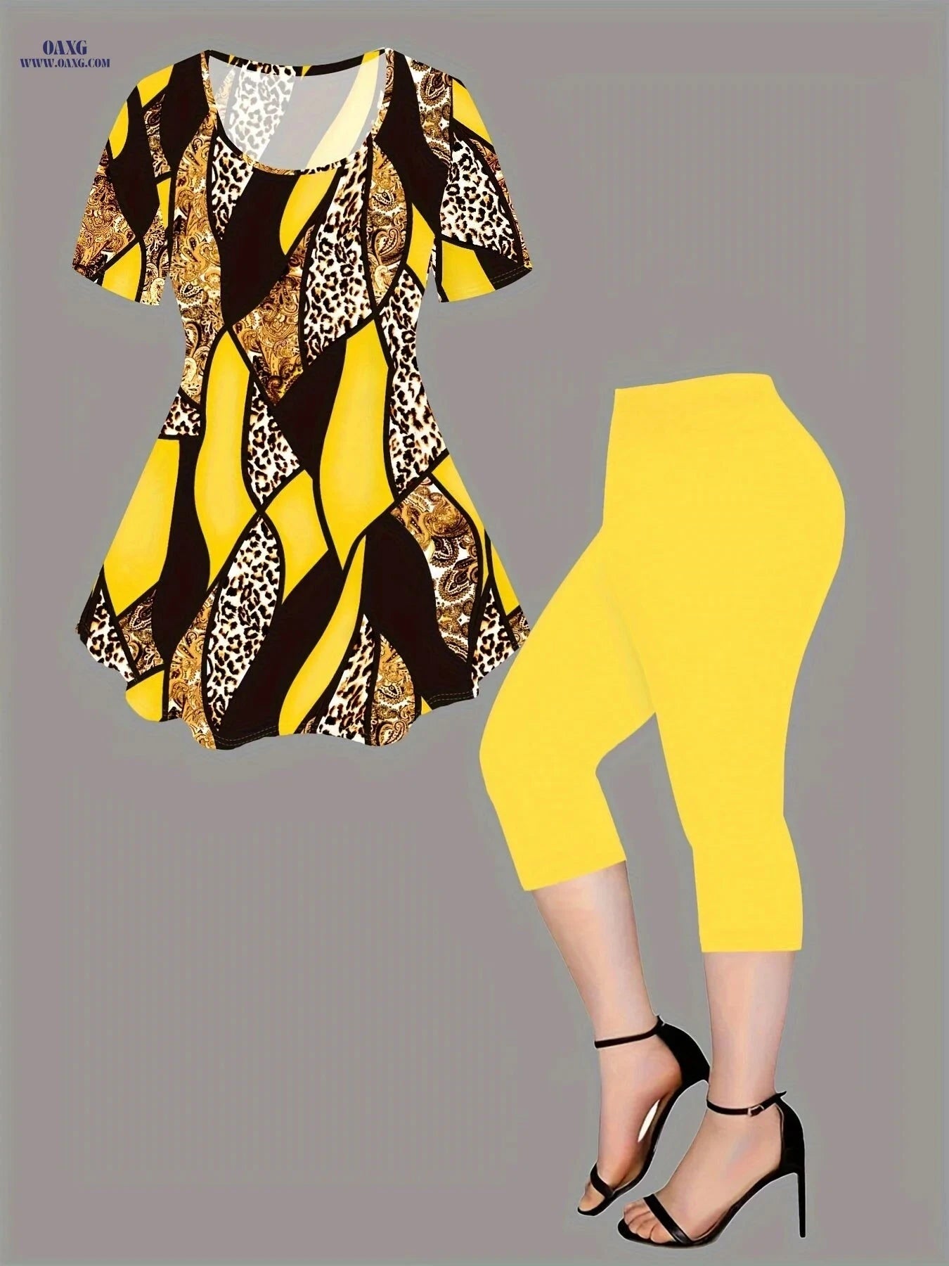Women's Fashion Digital Print Two-Piece Set - Short Sleeve Leggings   OAXG Mixed colors / S