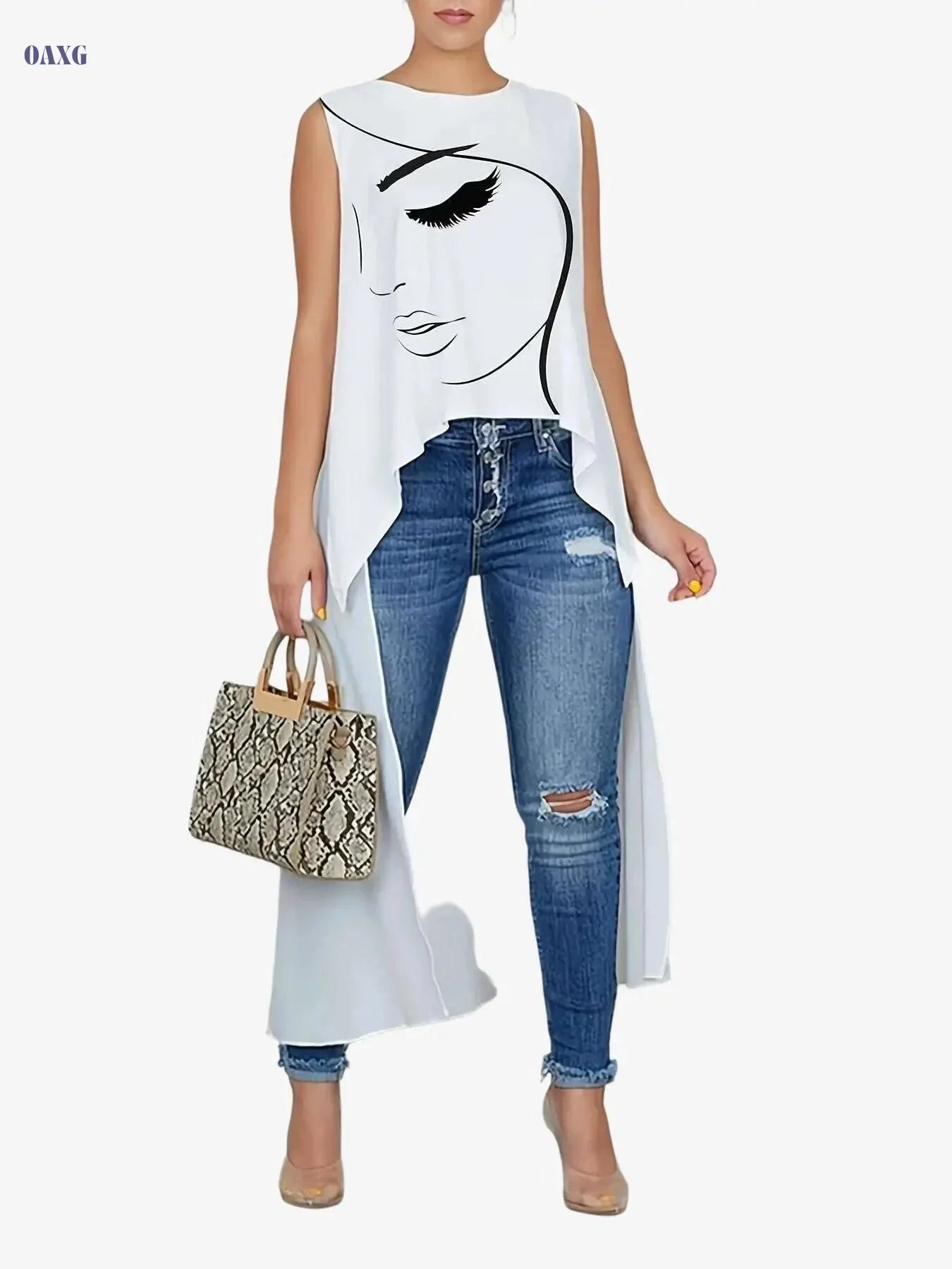 Women's Fashion Face Print Long T-Shirt - Casual Asymmetrical Style   OAXG Milky / XS