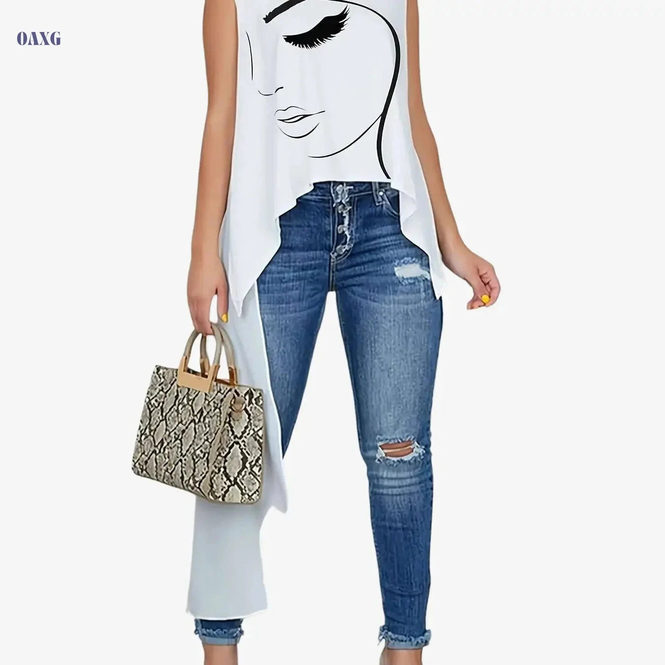 Women's Fashion Face Print Long T-Shirt - Casual Asymmetrical Style   OAXG 