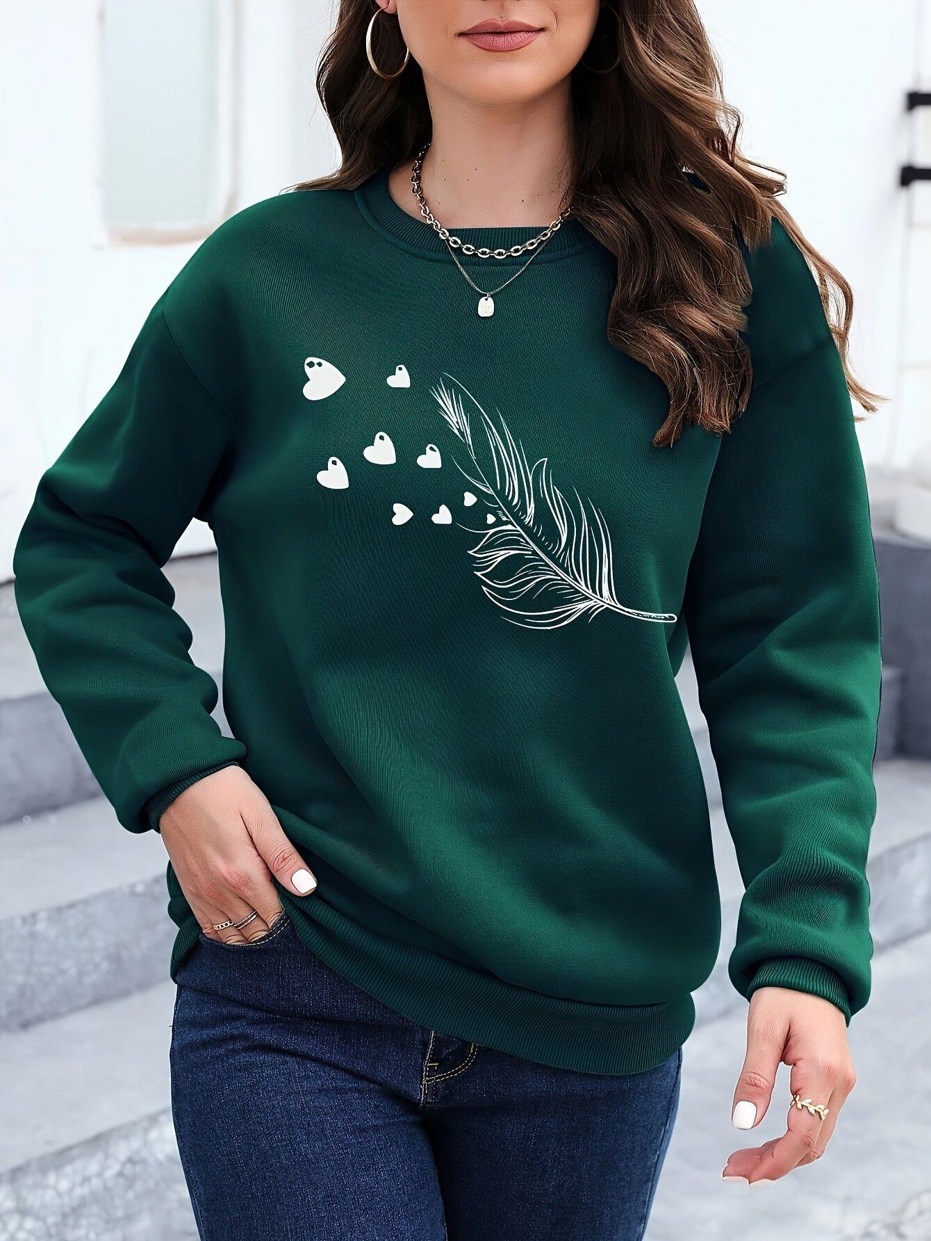 Women'S Fashion Sweatshirt Hoodie, Casual Fleece-Lined Round Neck Long Sleeve Top, Pattern Athletic Jacket   OAXG Dark Green / XS