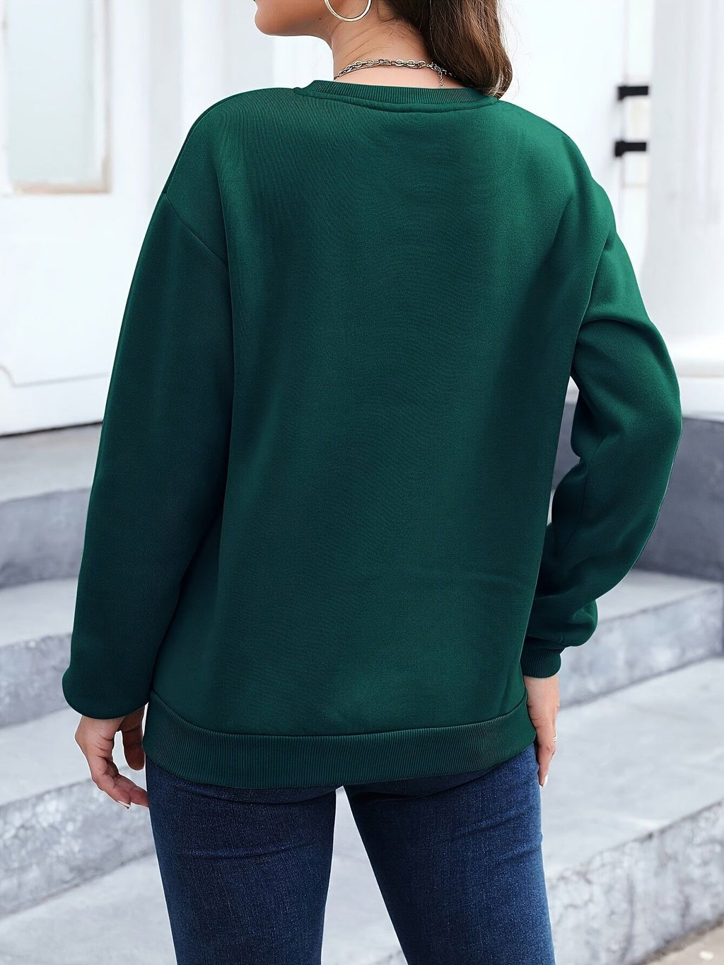Women'S Fashion Sweatshirt Hoodie, Casual Fleece-Lined Round Neck Long Sleeve Top, Pattern Athletic Jacket   OAXG Dark Green / XS