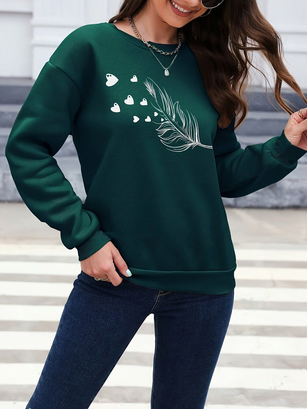 Women'S Fashion Sweatshirt Hoodie, Casual Fleece-Lined Round Neck Long Sleeve Top, Pattern Athletic Jacket   OAXG Dark Green / XS