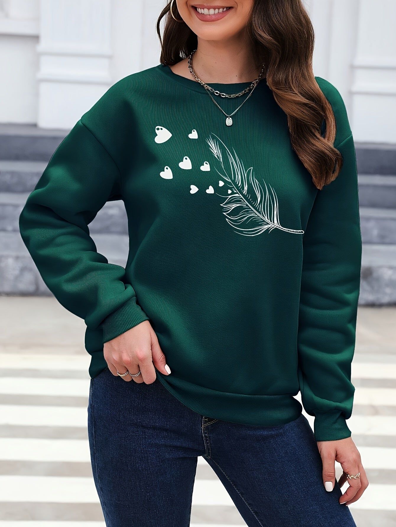 Women'S Fashion Sweatshirt Hoodie, Casual Fleece-Lined Round Neck Long Sleeve Top, Pattern Athletic Jacket   OAXG Dark Green / XS