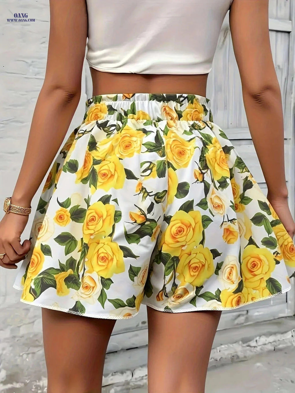 Women's Faux Drawstring Floral Shorts - Casual Summer Style   OAXG 