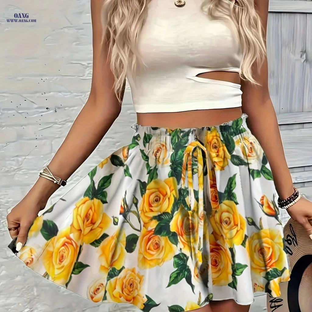 Women's Faux Drawstring Floral Shorts - Casual Summer Style   OAXG 