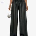 Women's Faux Leather Casual Straight Leg Pants - Drawstring, All-Season   OAXG 