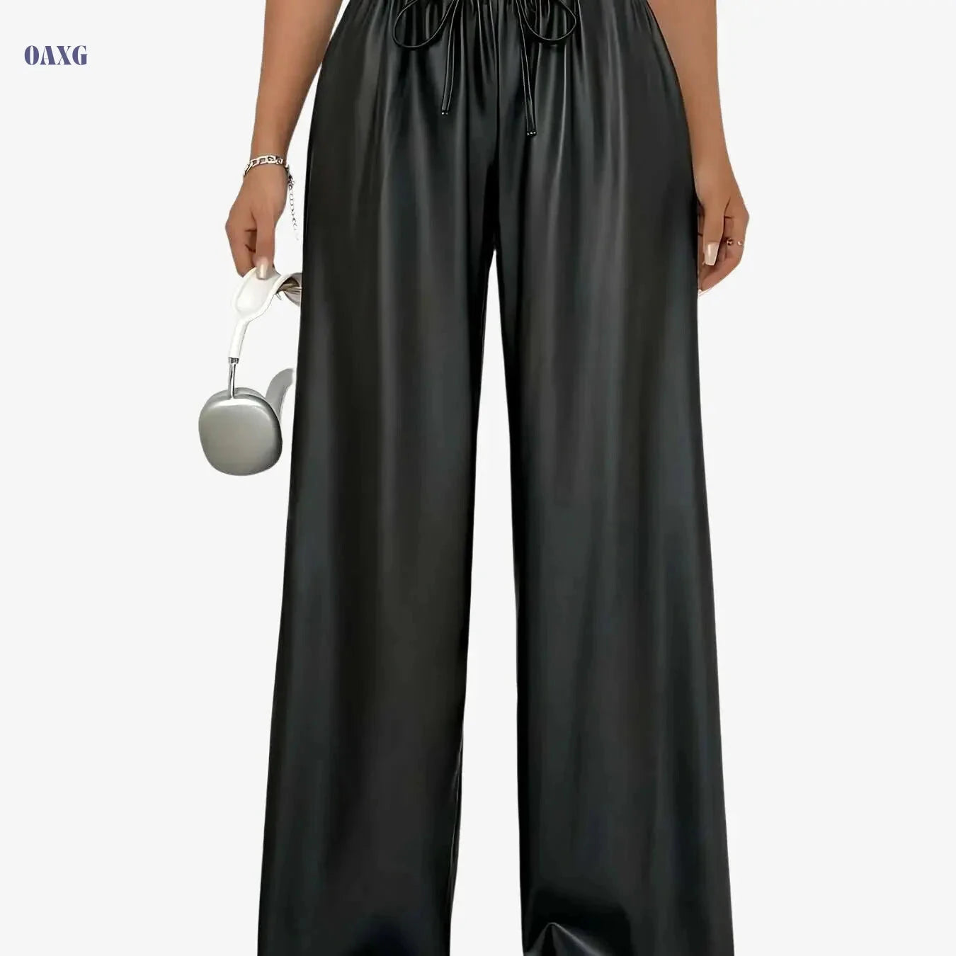 Women's Faux Leather Casual Straight Leg Pants - Drawstring, All-Season   OAXG 