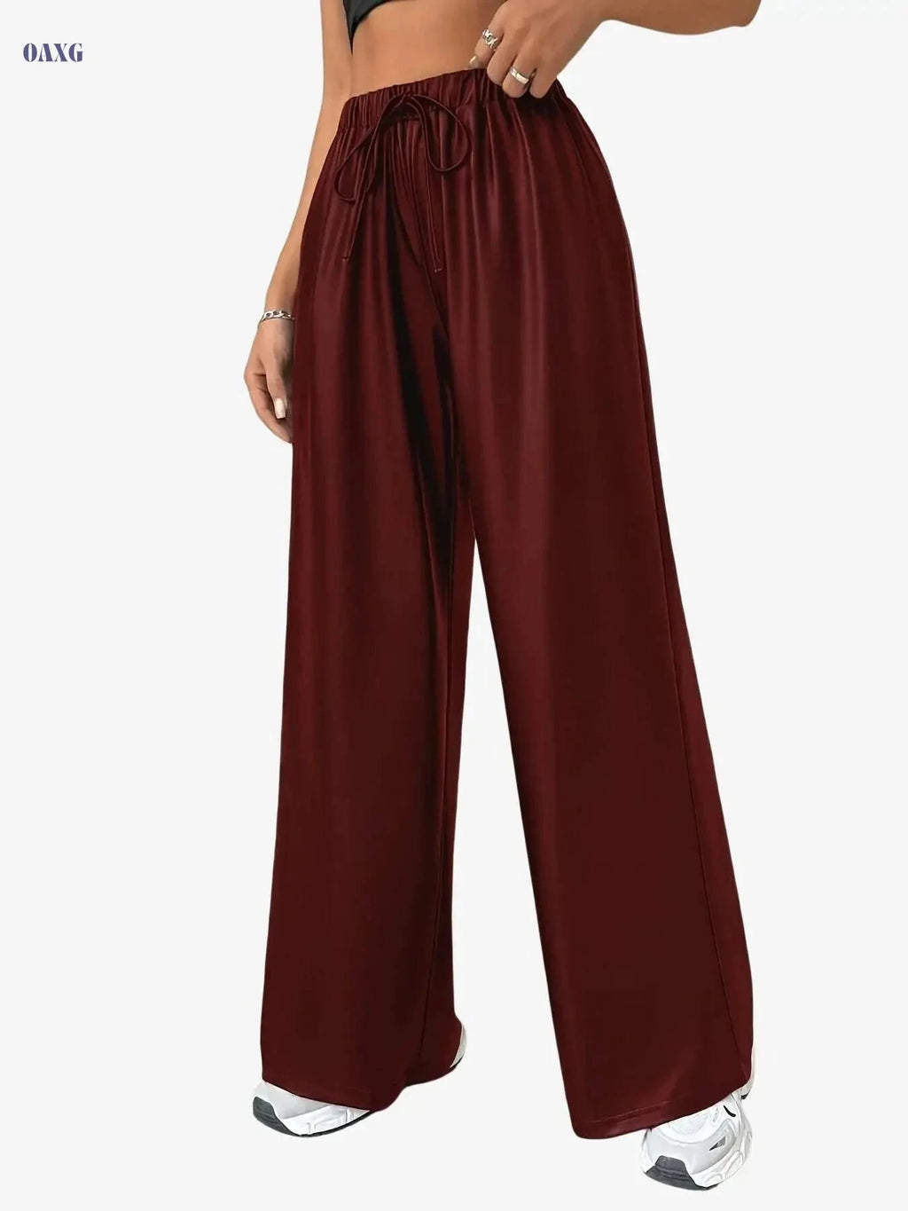 Women's Faux Leather Casual Straight Leg Pants - Drawstring, All-Season   OAXG Black / XS