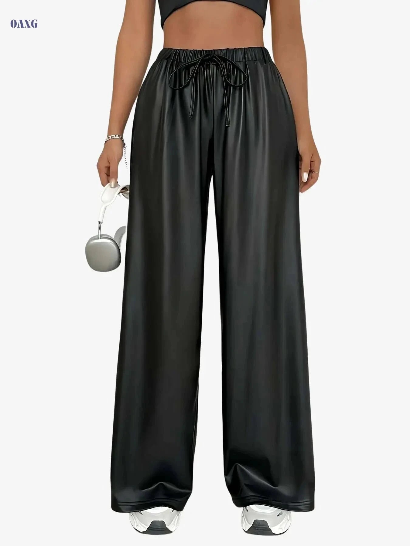 Women's Faux Leather Casual Straight Leg Pants - Drawstring, All-Season   OAXG Black / XS