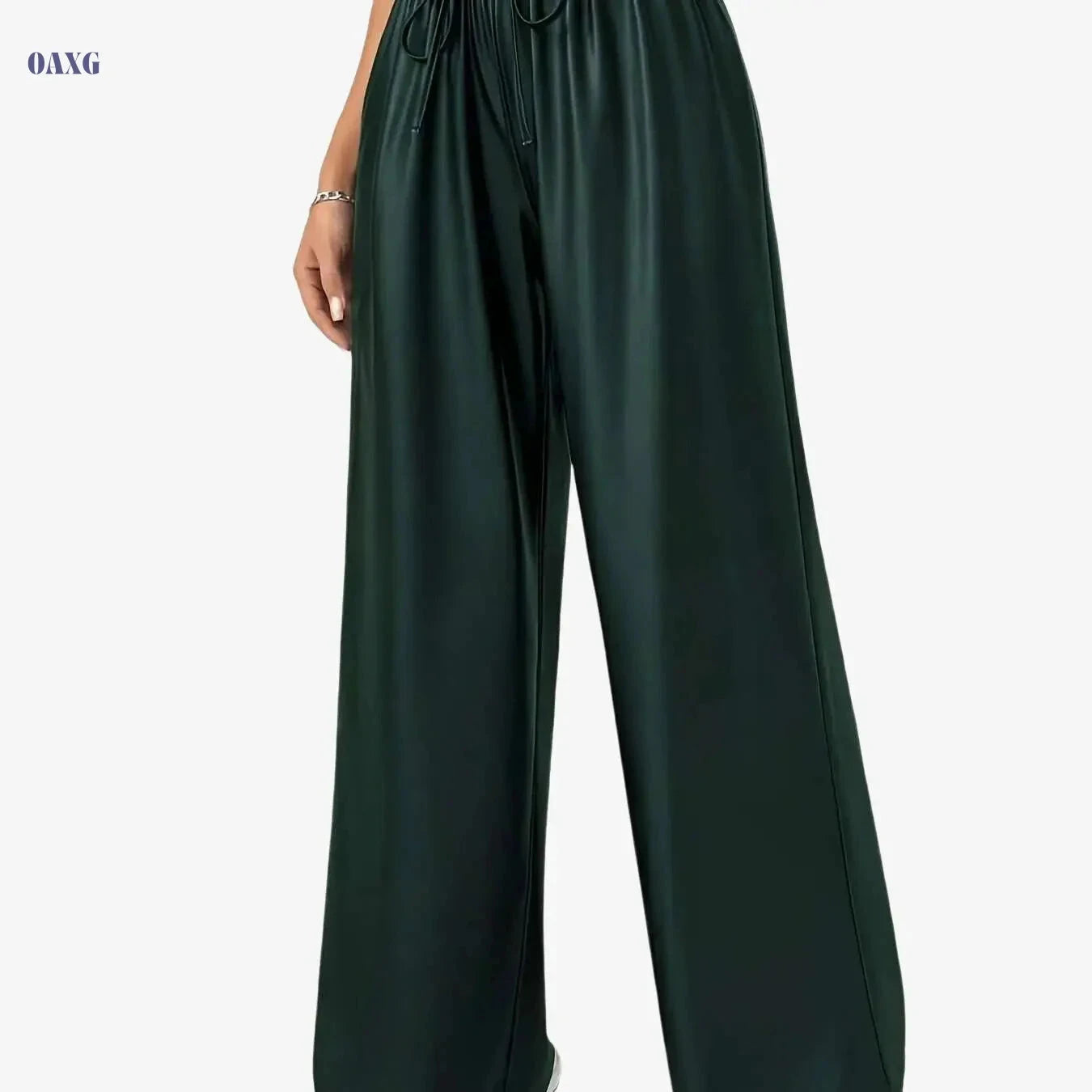 Women's Faux Leather Casual Straight Leg Pants - Drawstring, All-Season   OAXG Black / XS