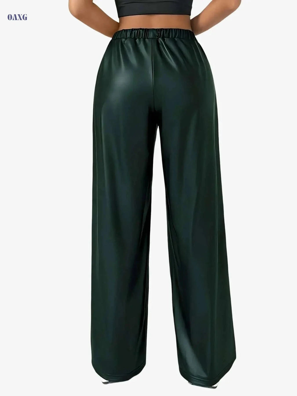 Women's Faux Leather Casual Straight Leg Pants - Drawstring, All-Season   OAXG Black / XS