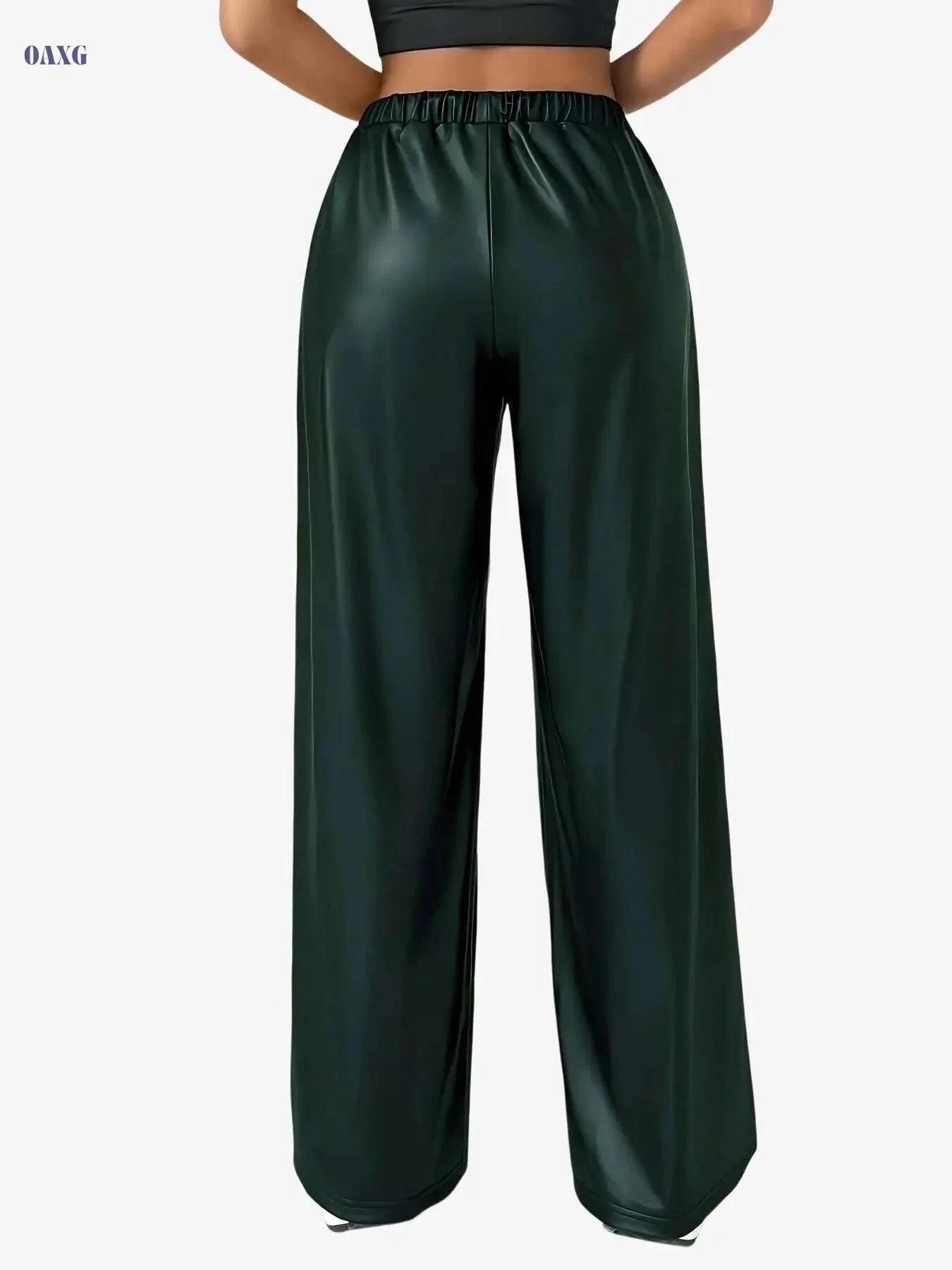 Women's Faux Leather Casual Straight Leg Pants - Drawstring, All-Season   OAXG Black / XS