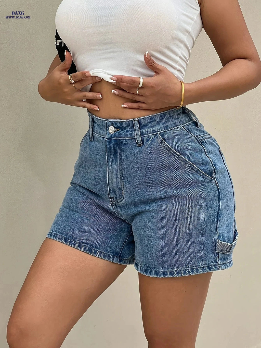 Women's Fitted Denim Shorts - Casual High Waist, Solid Color   OAXG 