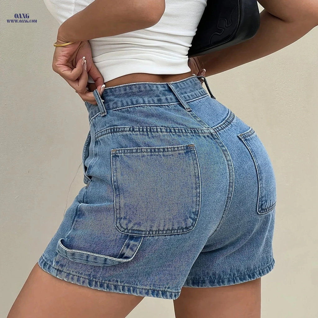 Women's Fitted Denim Shorts - Casual High Waist, Solid Color   OAXG 