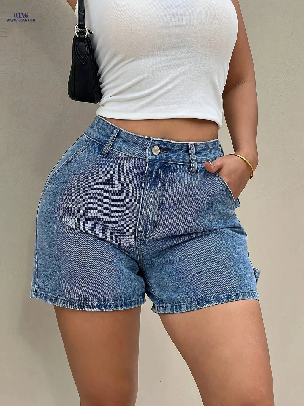 Women's Fitted Denim Shorts - Casual High Waist, Solid Color   OAXG 