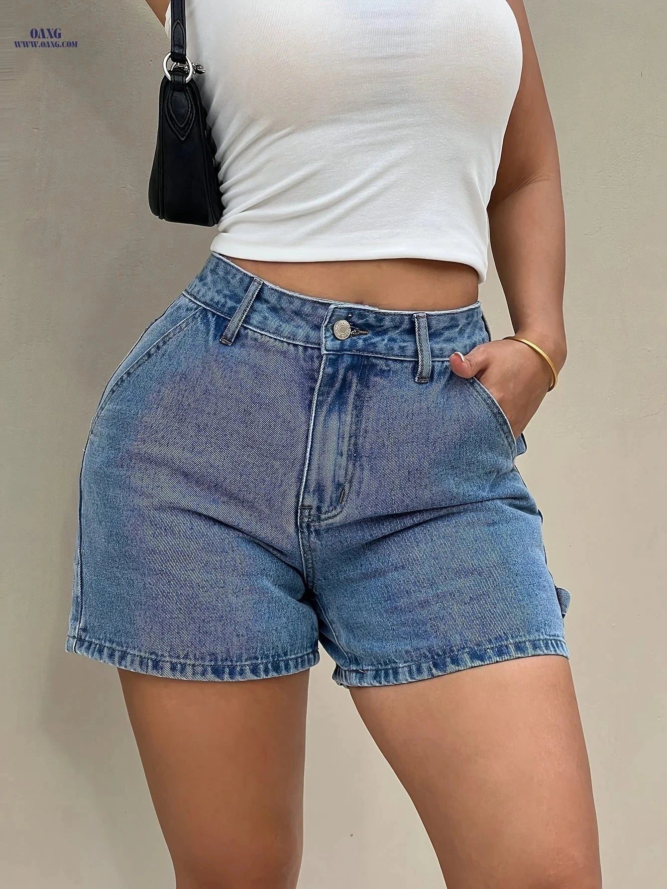Women's Fitted Denim Shorts - Casual High Waist, Solid Color   OAXG 