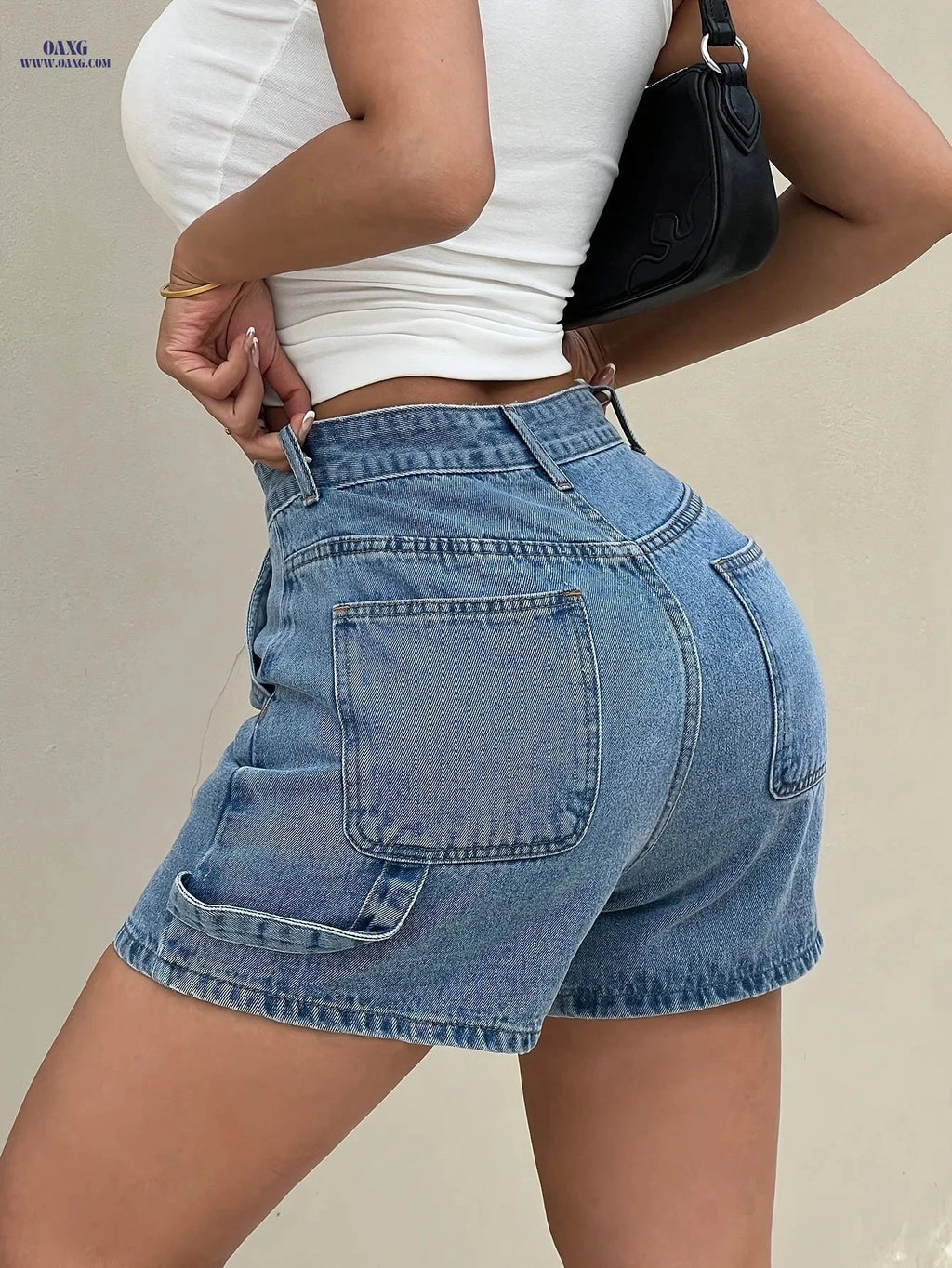 Women's Fitted Denim Shorts - Casual High Waist, Solid Color   OAXG 