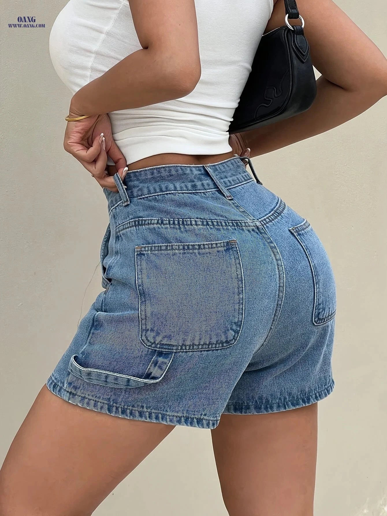 Women's Fitted Denim Shorts - Casual High Waist, Solid Color   OAXG 