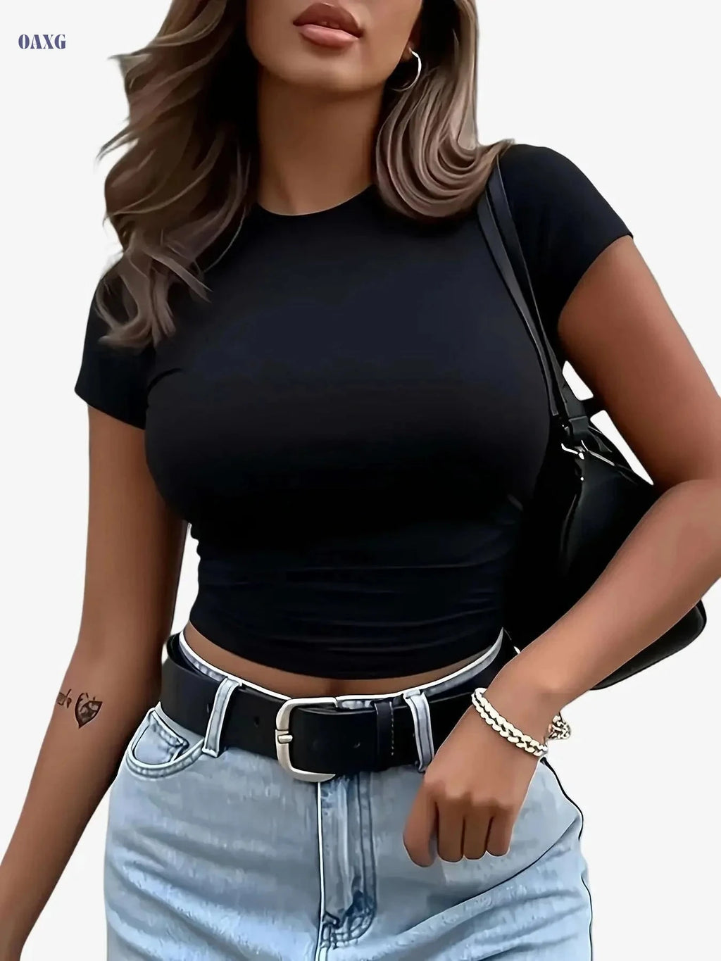 Women's Fitted Elastic T-Shirt - Comfortable Casual Top for Any Occasion   OAXG 