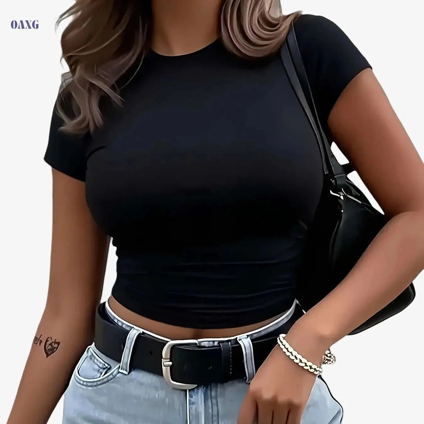 Women's Fitted Elastic T-Shirt - Comfortable Casual Top for Any Occasion   OAXG 