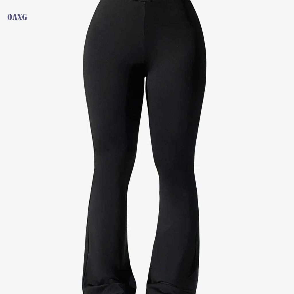 Women's Flare Yoga Pants with Letter Waistband - Solid Color Style   OAXG 