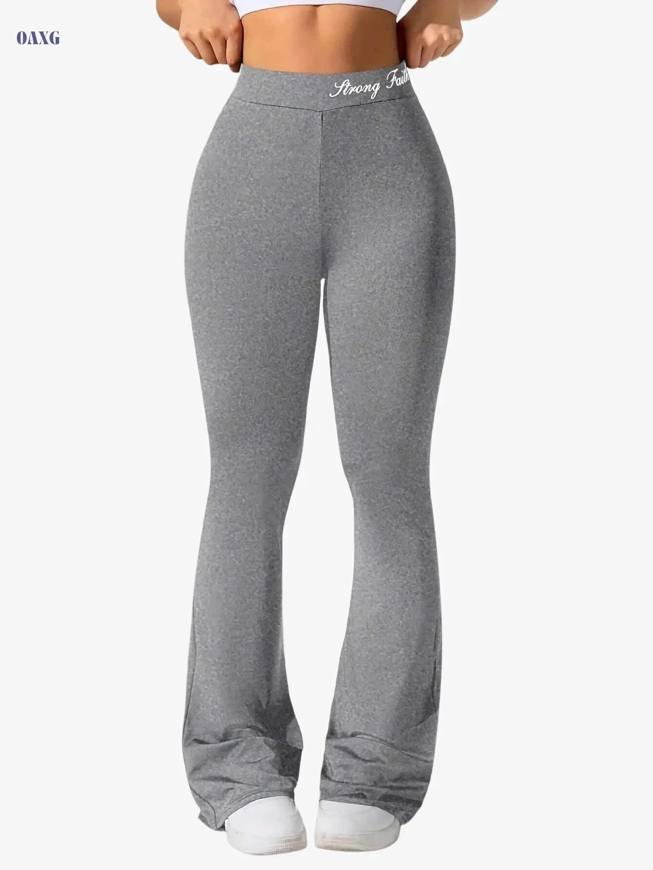 Women's Flare Yoga Pants with Letter Waistband - Solid Color Style   OAXG 
