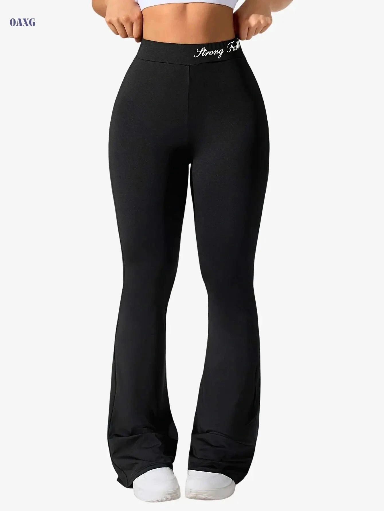 Women's Flare Yoga Pants with Letter Waistband - Solid Color Style   OAXG Black / S
